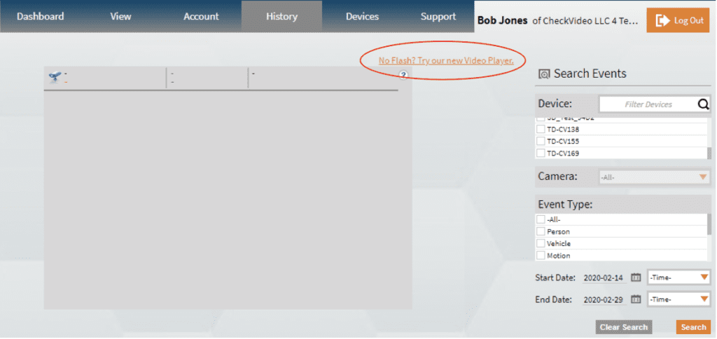 CheckVideo web portal history page